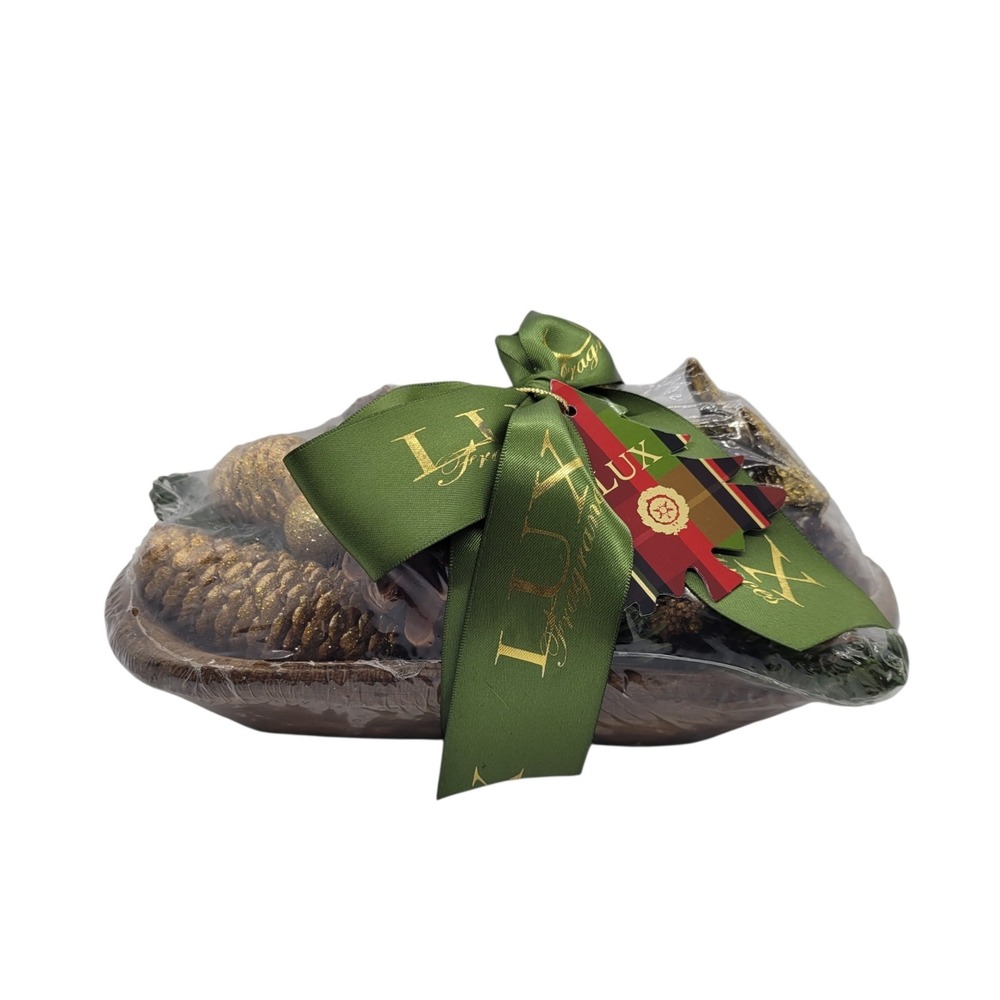 LUX Fragrances Holiday Potpourri in Wooden Dough Bowl Gold Pinecone Decor NEW